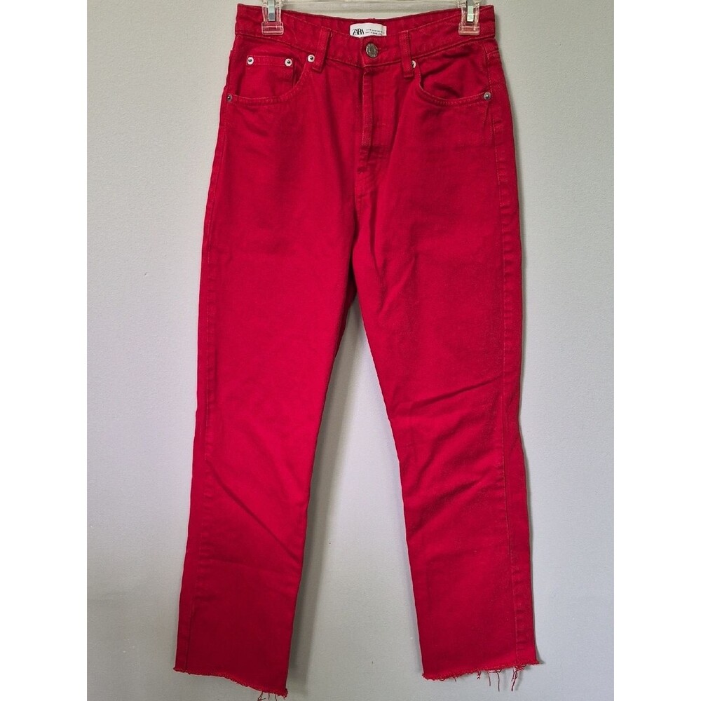 Zara Denim Women's 4 Fun Bright Red Straight Jeans Button Fly Raw Hem Western